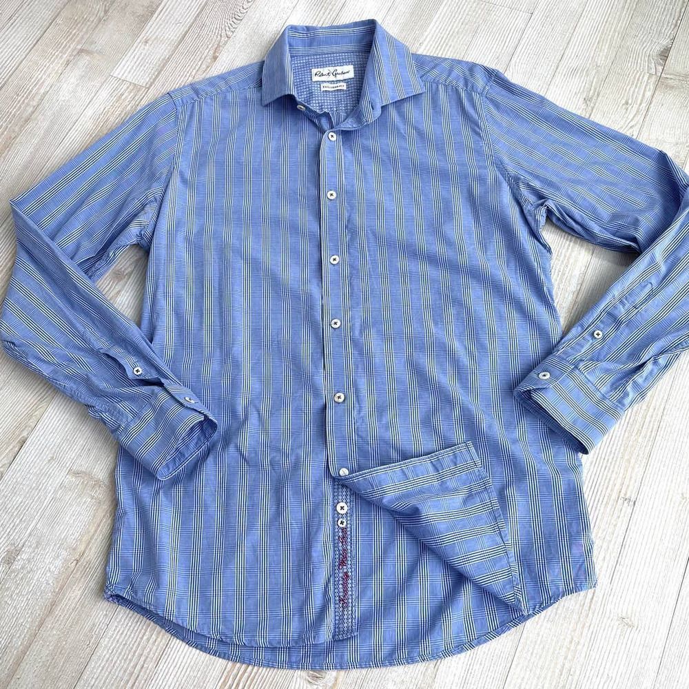 Robert Graham Blue Striped Dress Shirt with Yellow Accents